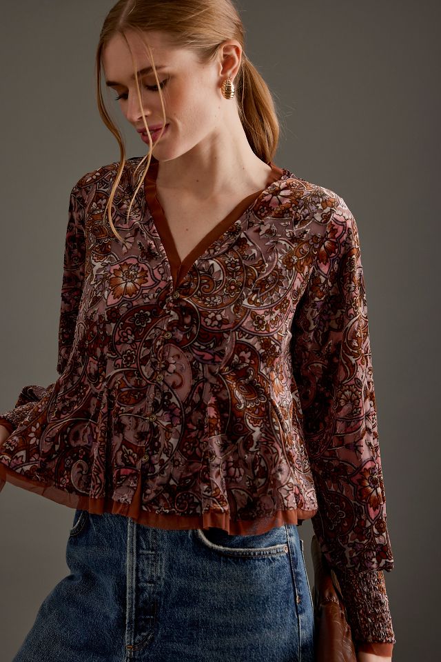 By Anthropologie Long Sleeve Swing Velvet Peasant Top Anthropologie UK