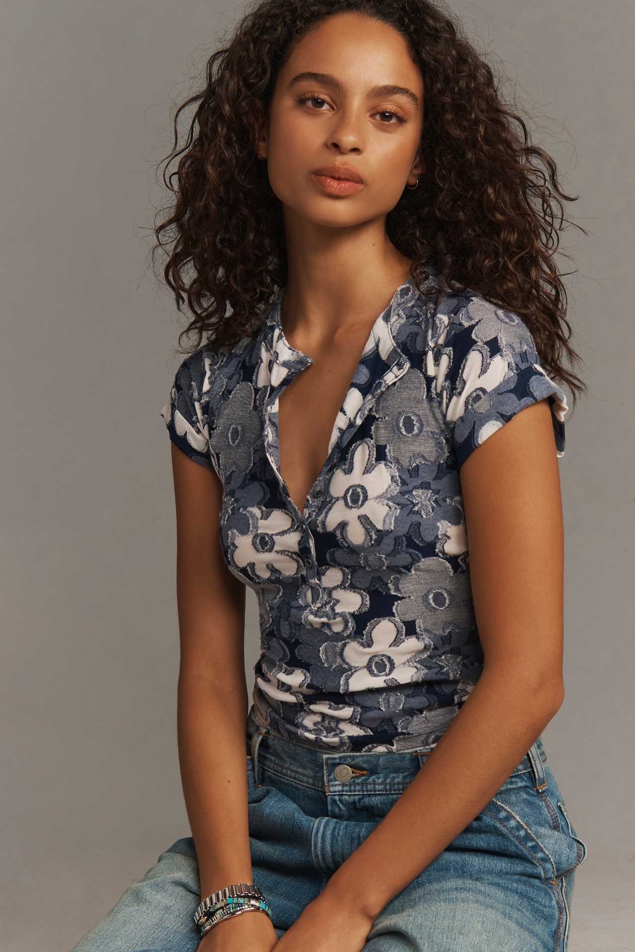 The Andie Ribbed Henley Top by Pilcro: Floral Edition