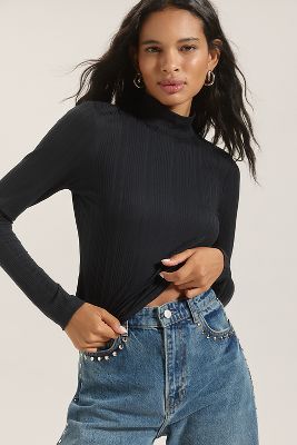 Shop Maeve Long-sleeve Open-back Turtleneck Top In Black