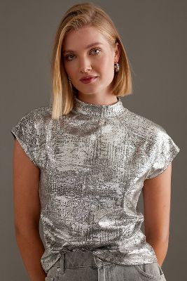 Shop Pilcro Cap-sleeve Mock-neck Metallic Top In Silver