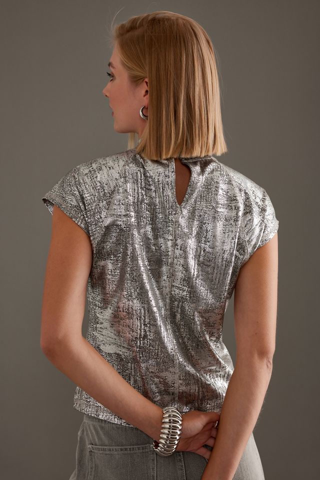 Pilcro Cap-Sleeve Mock-Neck Metallic Top | Anthropologie