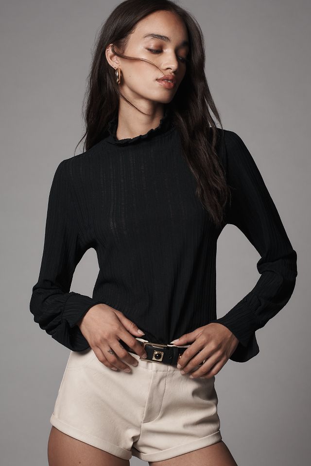 By Anthropologie Sheer Rib Long Sleeve Turtleneck Top