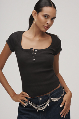 Maeve Scoop-neck Henley Tee In Black