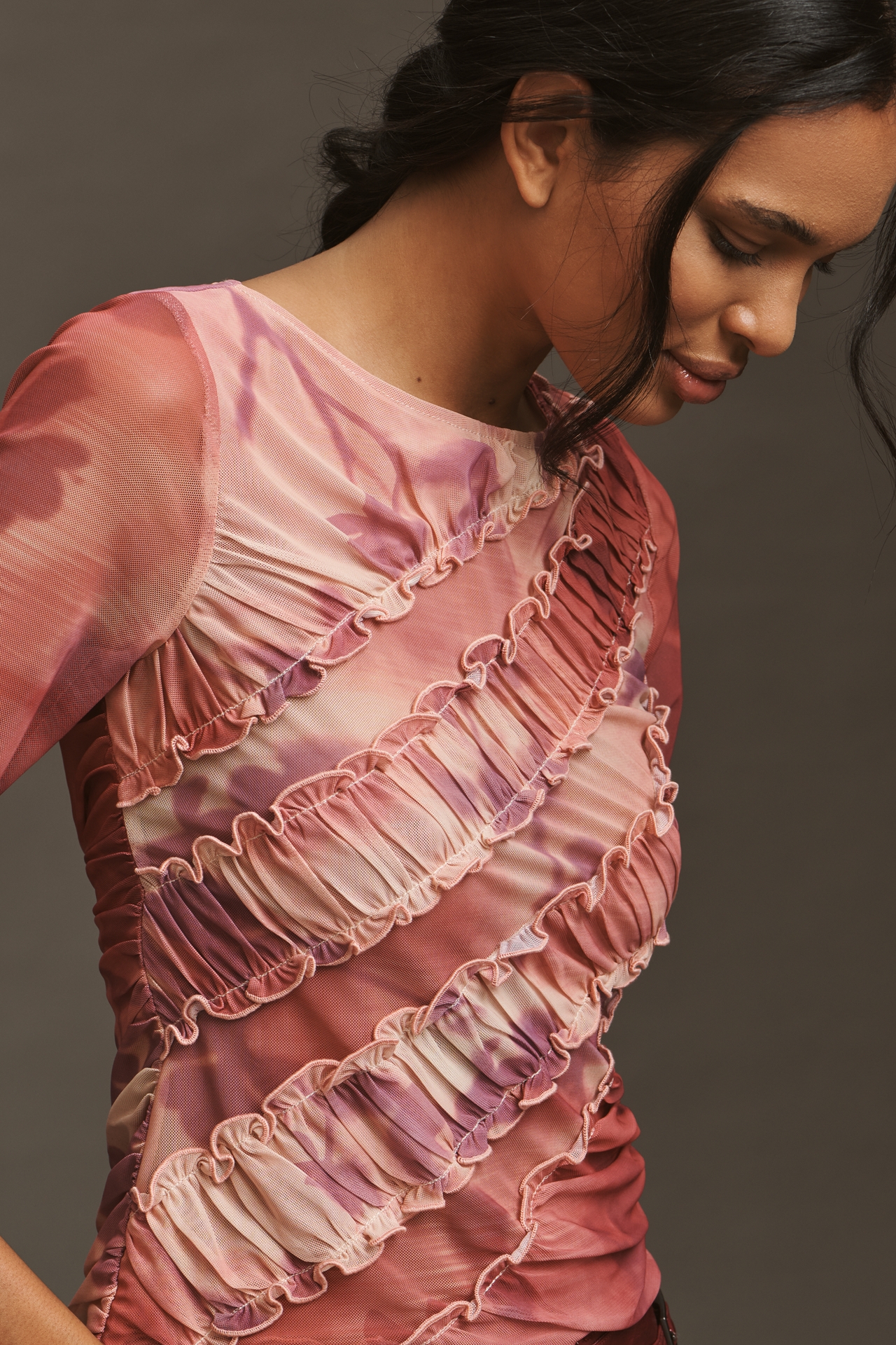 By Anthropologie Half-Sleeve Sheer Ruched Top