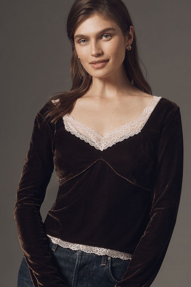 By Anthropologie Velvet Lace V-Neck Top #1