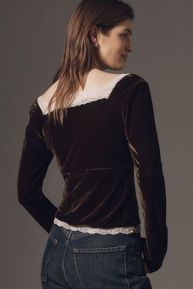 By Anthropologie Velvet Lace V-Neck Top #2