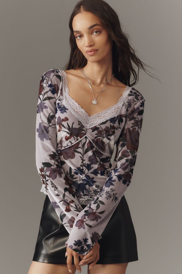 By Anthropologie Velvet Lace V-Neck Top #1
