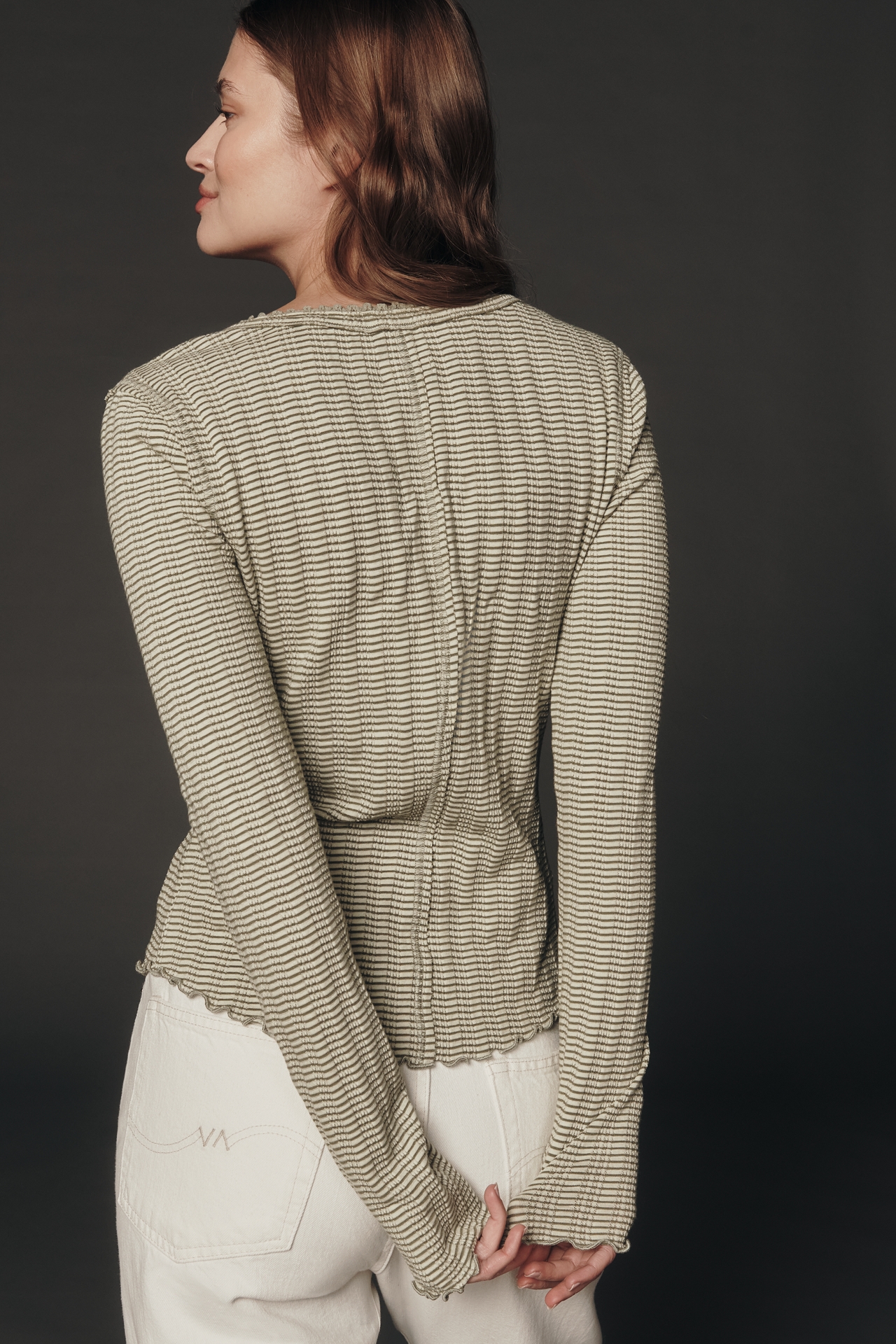 Pilcro Long-Sleeve Ruffled Lace-Trim Henley Top