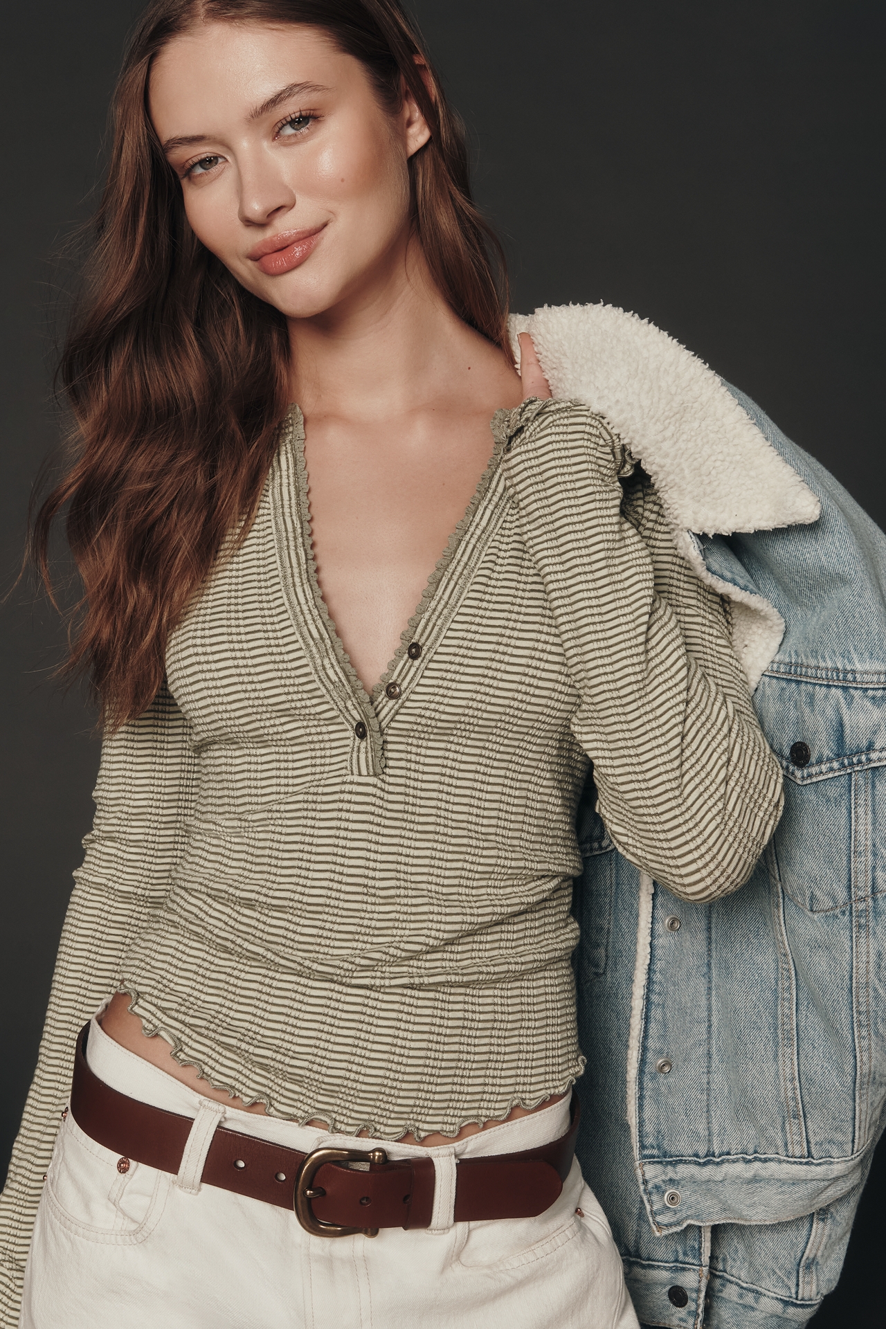 Pilcro Long-Sleeve Ruffled Lace-Trim Henley Top