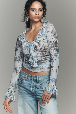 トップス Mixed Fabric Frill Tops By Anthropologie Mixed Ruffles Long-Sleeve Top | Anthropologie