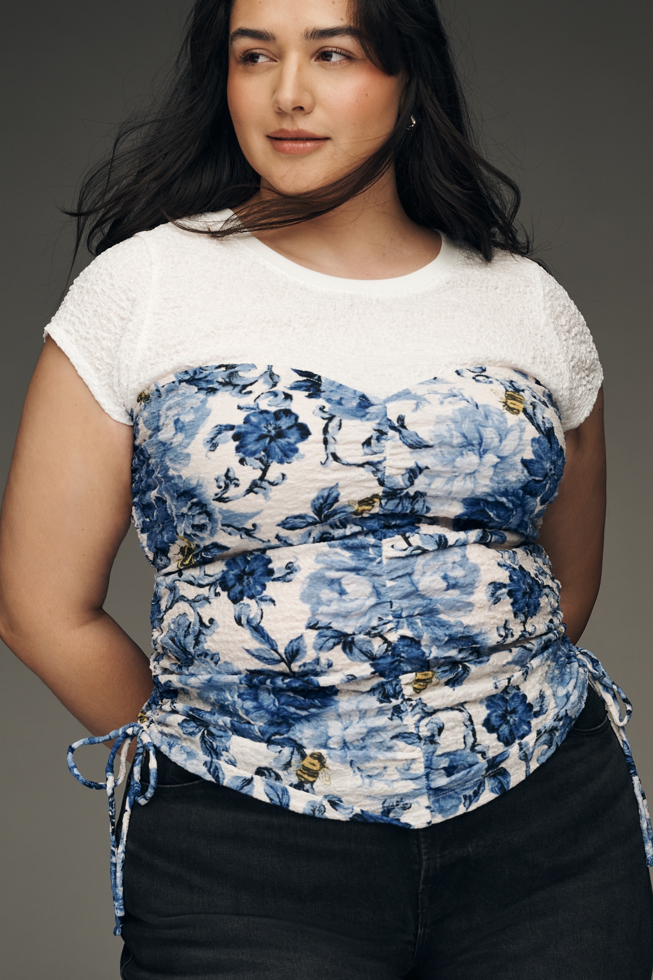 Maeve Ruched Corset Short-Sleeve Top