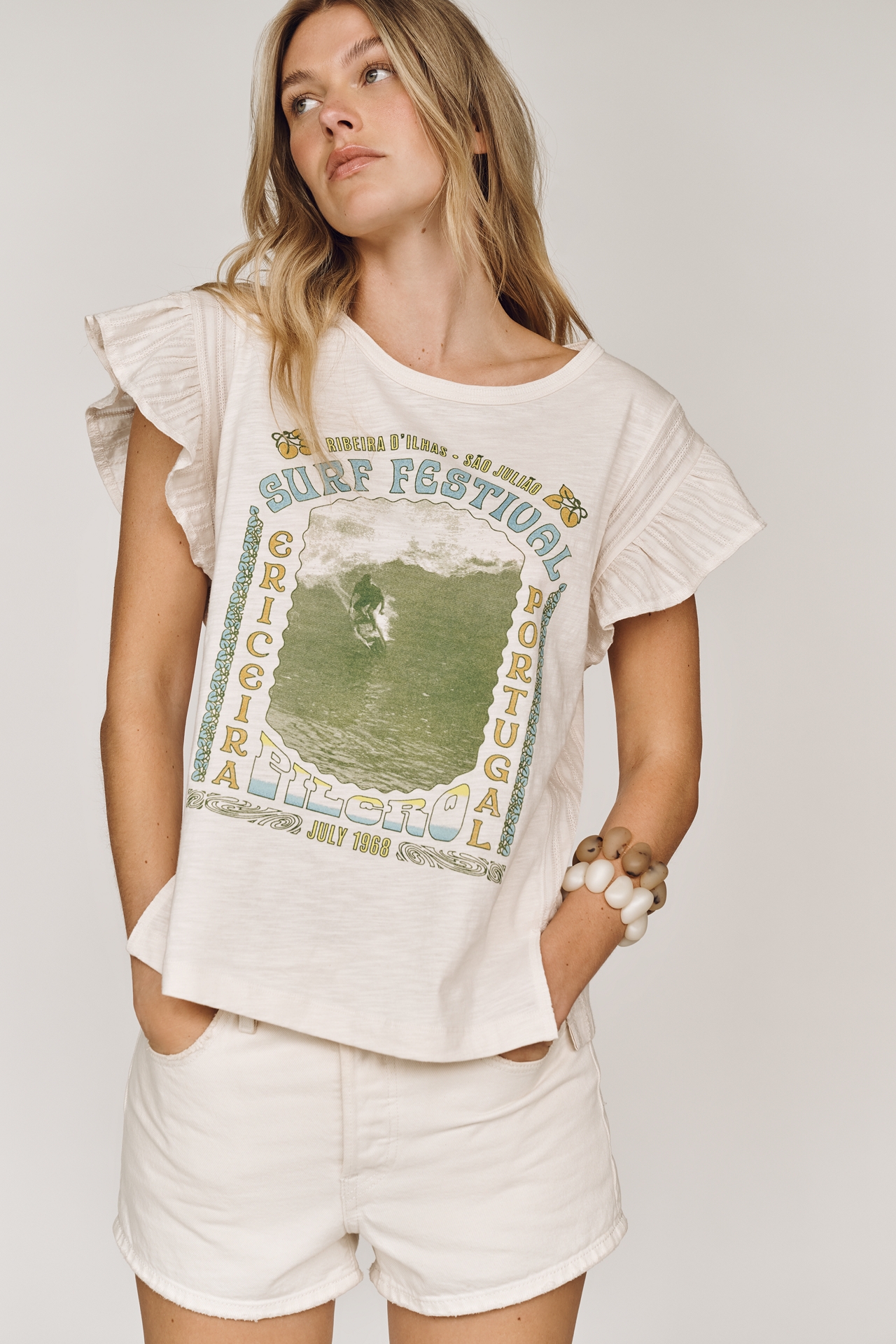 Pilcro Cotton Ruffle Sleeve Graphic Muscle Tee