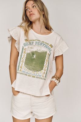 Pilcro Cotton Ruffle Sleeve Graphic Muscle Tee
