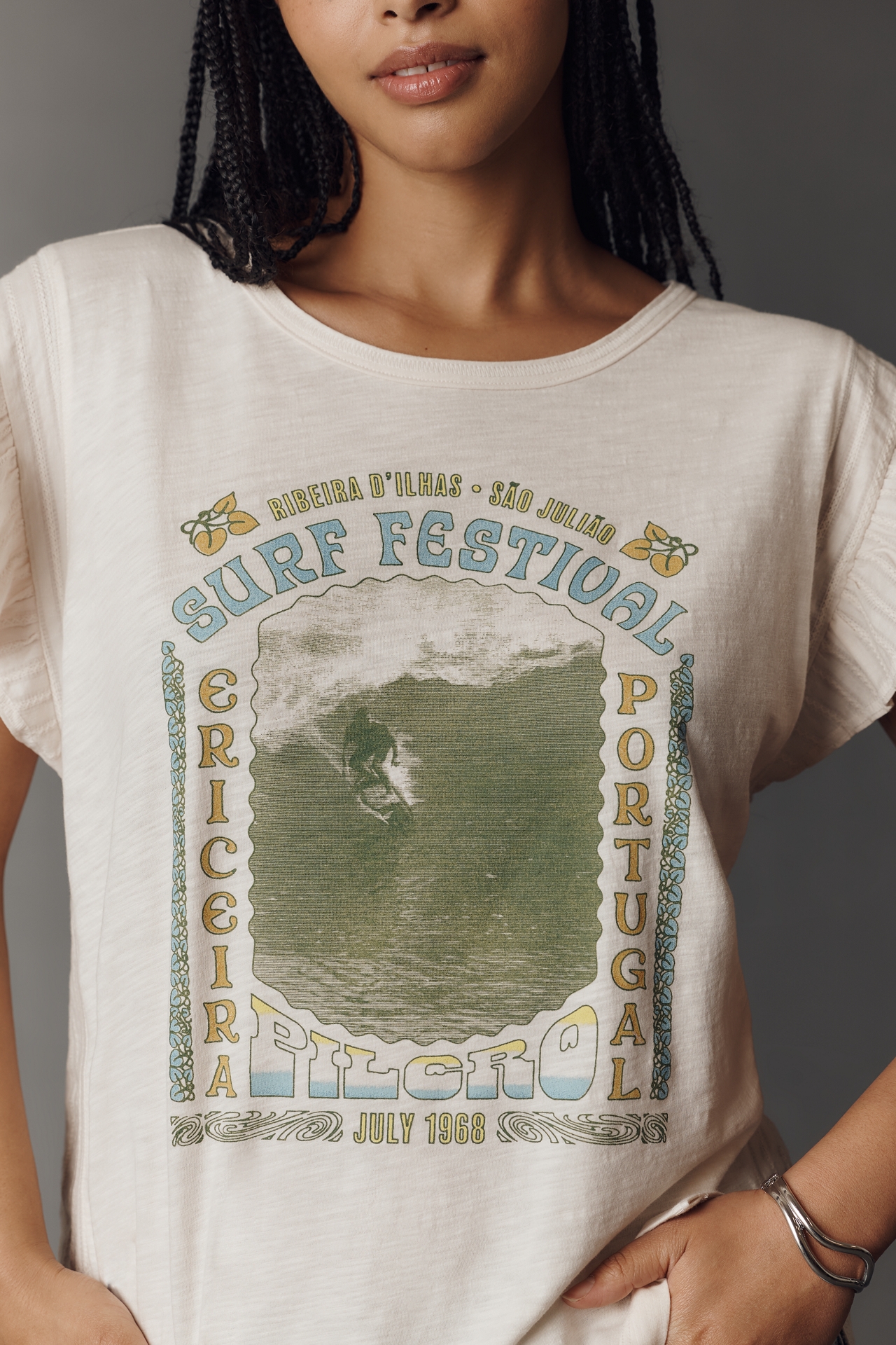 Pilcro Cotton Ruffle Sleeve Graphic Muscle Tee