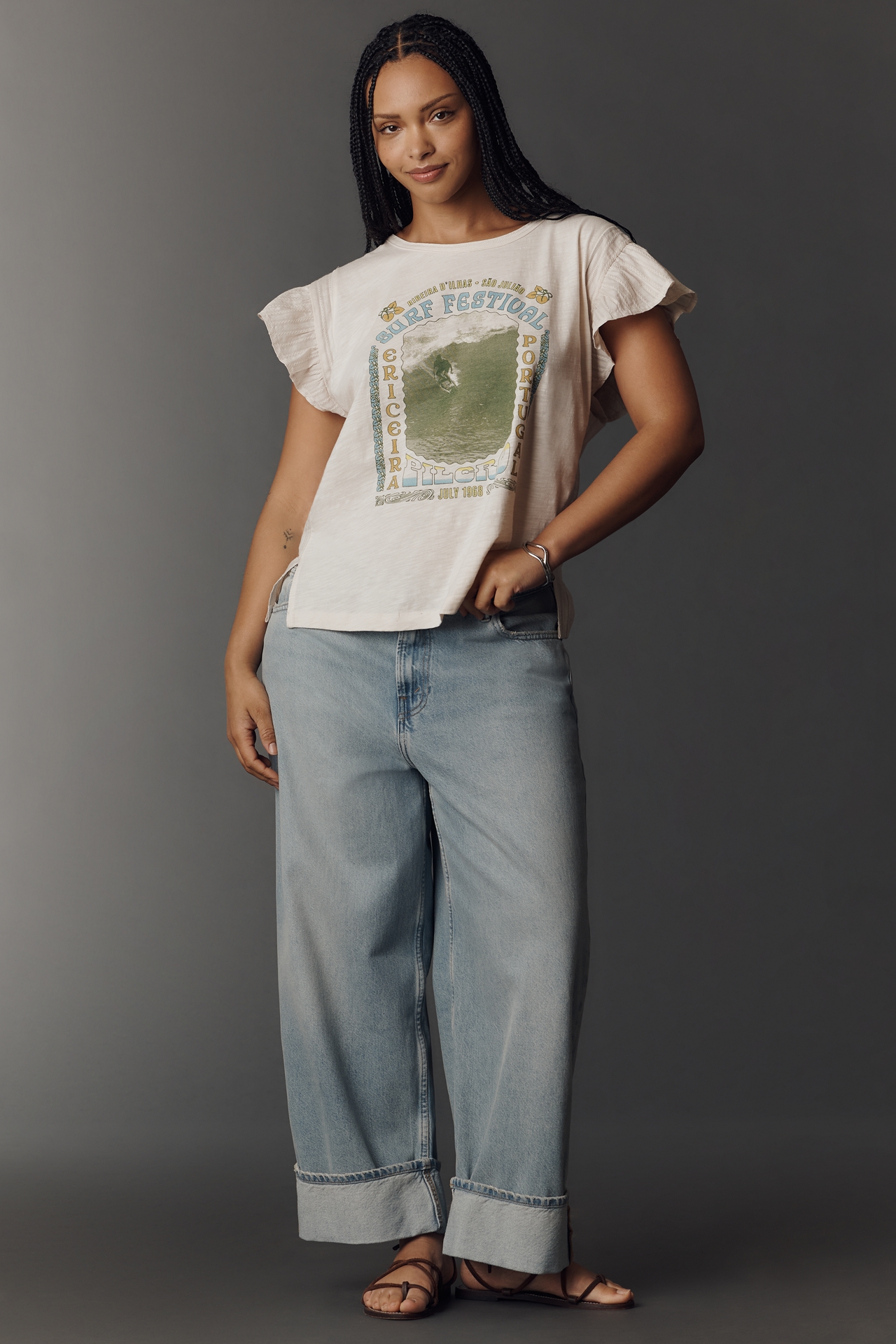 Pilcro Cotton Ruffle Sleeve Graphic Muscle Tee