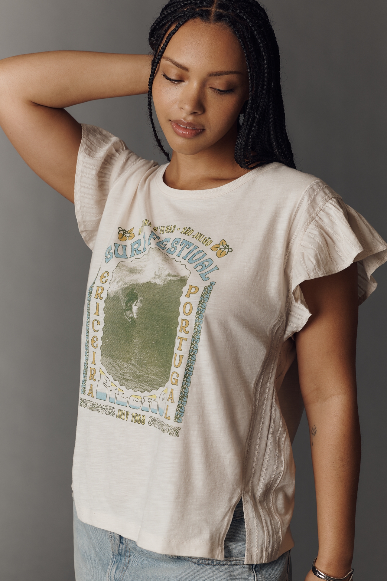 Pilcro Cotton Ruffle Sleeve Graphic Muscle Tee