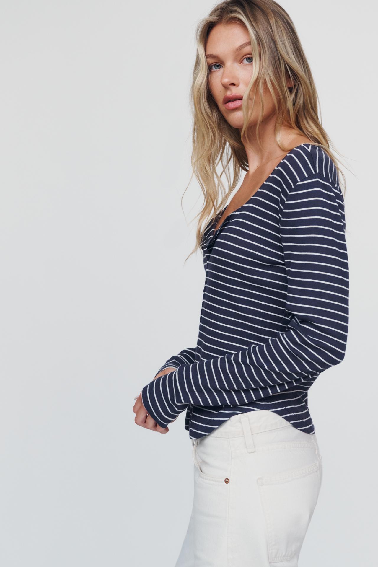 Pilcro Ribbed V-Neck Henley Tee