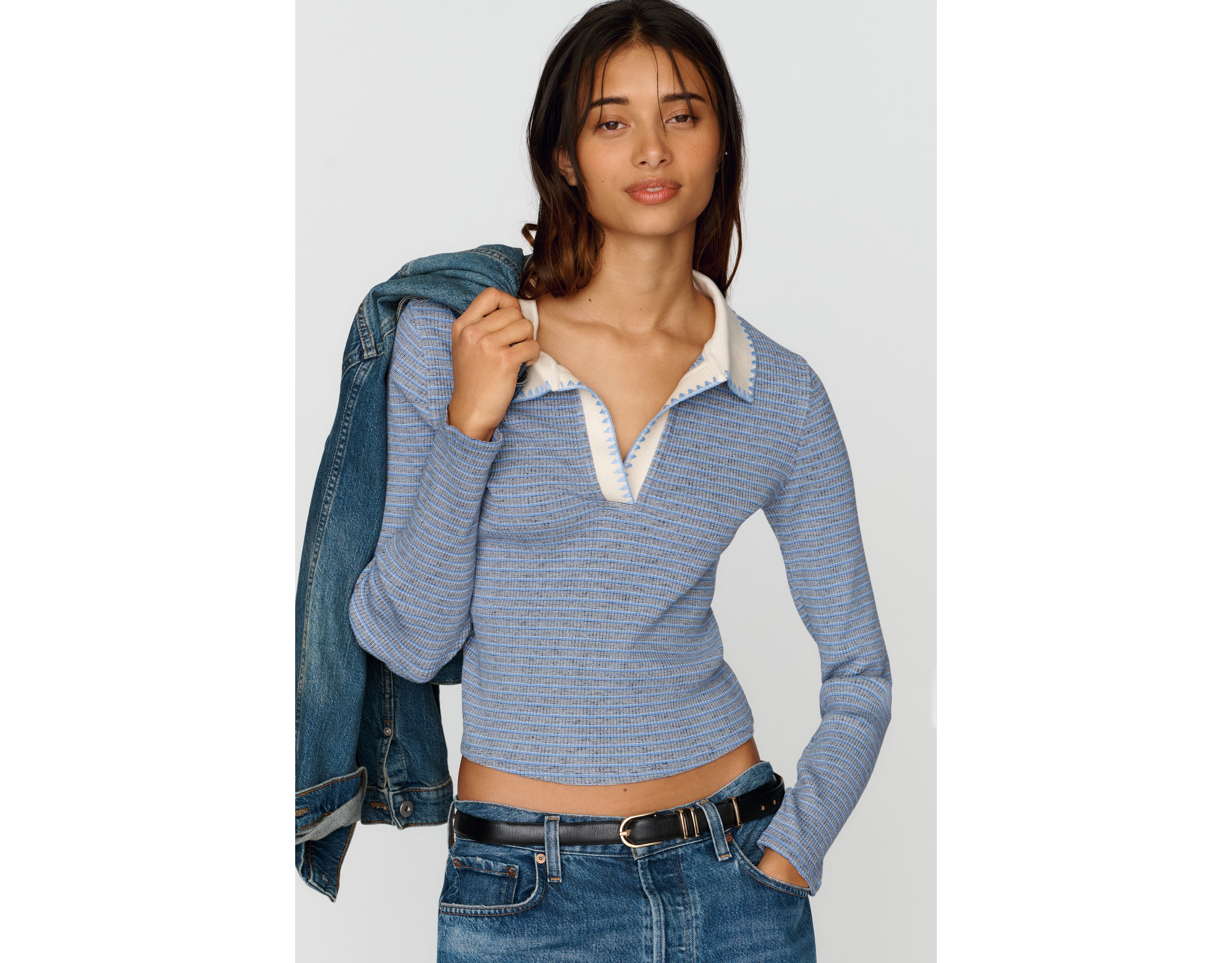 Pilcro Cotton Blend Stitchy Stripe Polo Tee