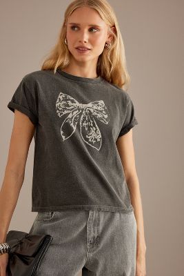 Shop Anthropologie Lace Bow Graphic T-shirt In Grey