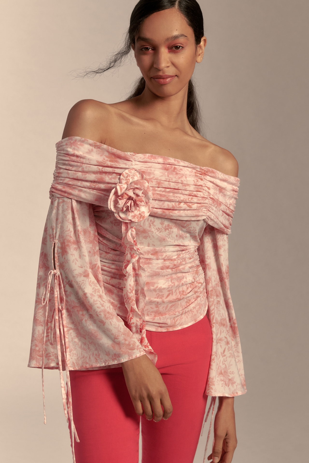 Forever That Girl Off-The-Shoulder Floral Appliqué Mesh Top