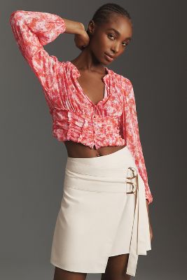 By Anthropologie Long-sleeve Femme Ruched Cropped Top In Pink
