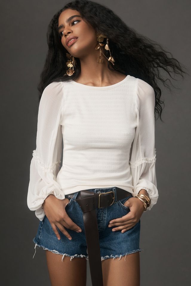 By Anthropologie Balloon-Sleeve Smocked Top #3