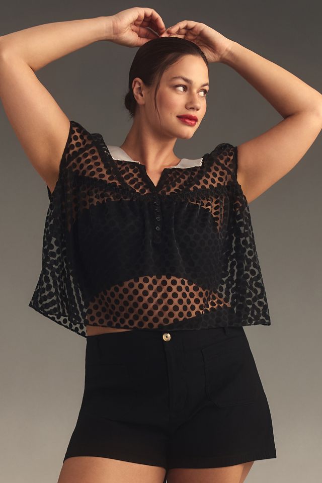 Maeve Collared Cap-Sleeve Sheer Blouse #4