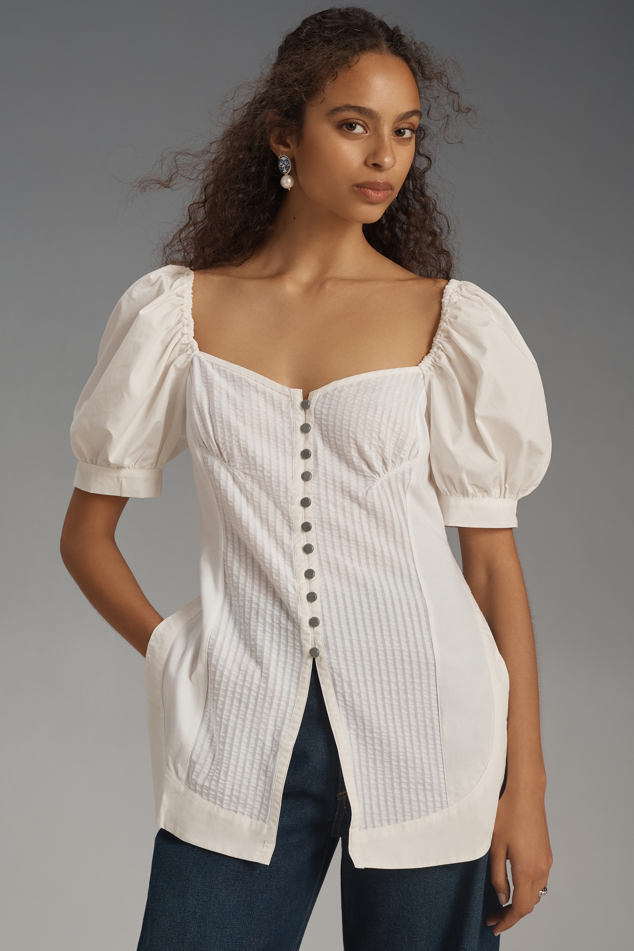 Maeve Puff-Sleeve Sweetheart Top