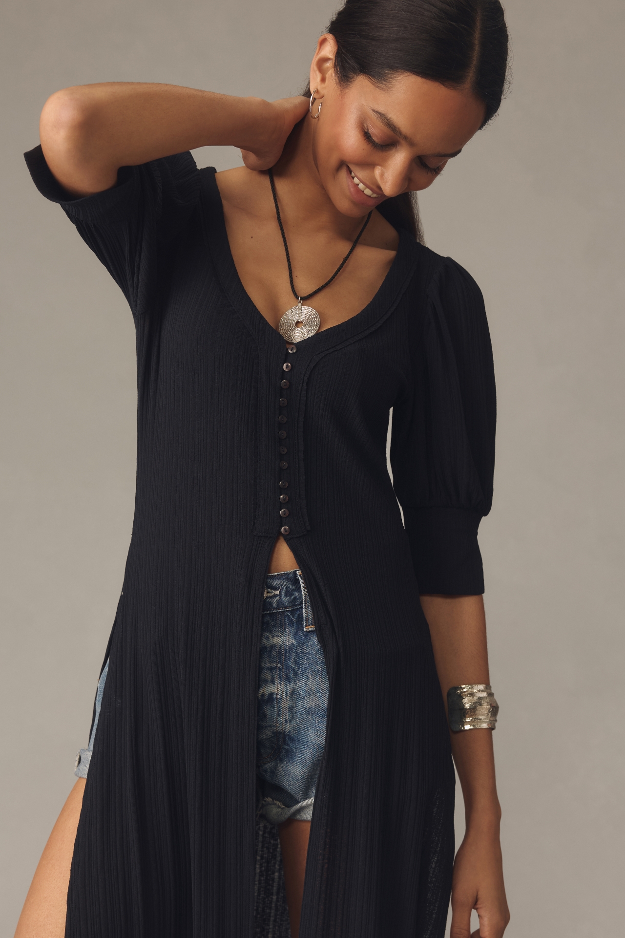 By Anthropologie Sheer Ribbed Button-Front Tunic