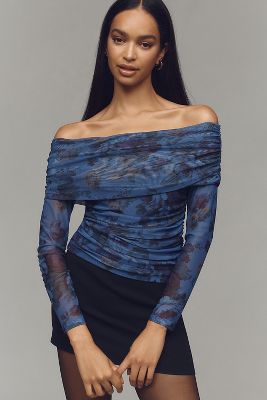 Shop Maeve Long-sleeve Off-the-shoulder Sheer Top In Multicolor