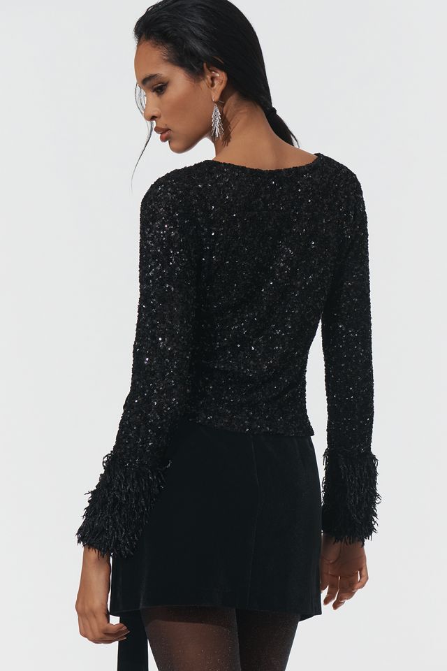 Maeve Faux-Fur Sleeve Sequin Top #3