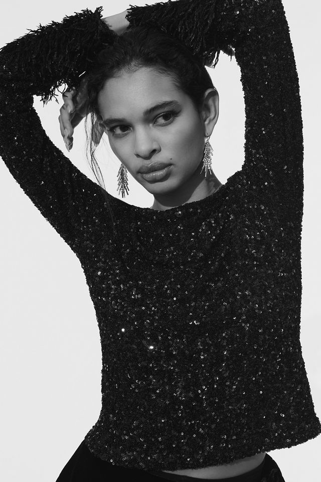 Maeve Faux-Fur Sleeve Sequin Top #1