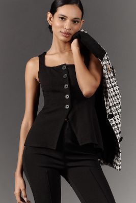 MAEVE FITTED BUTTON-FRONT SQUARE-NECK VEST TOP 