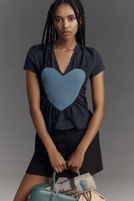 Shop Maeve Heart Embellished V-neck Tee In Blue