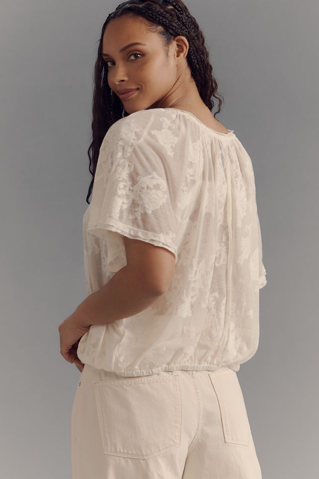 By Anthropologie Semi-Sheer Floral Print Flutter-Sleeve Tee #5