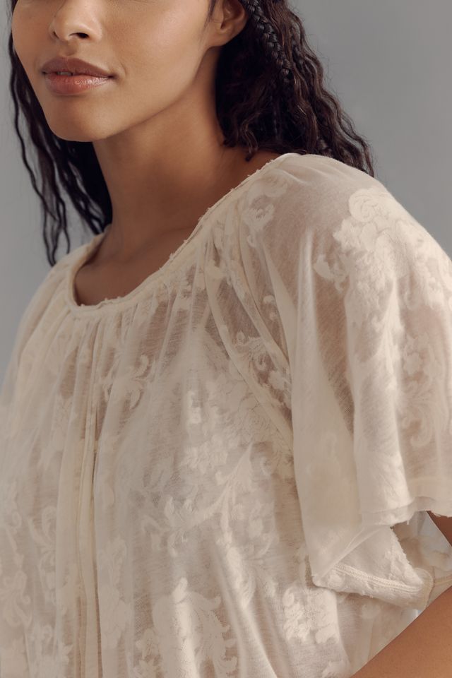 By Anthropologie Semi-Sheer Floral Print Flutter-Sleeve Tee #7