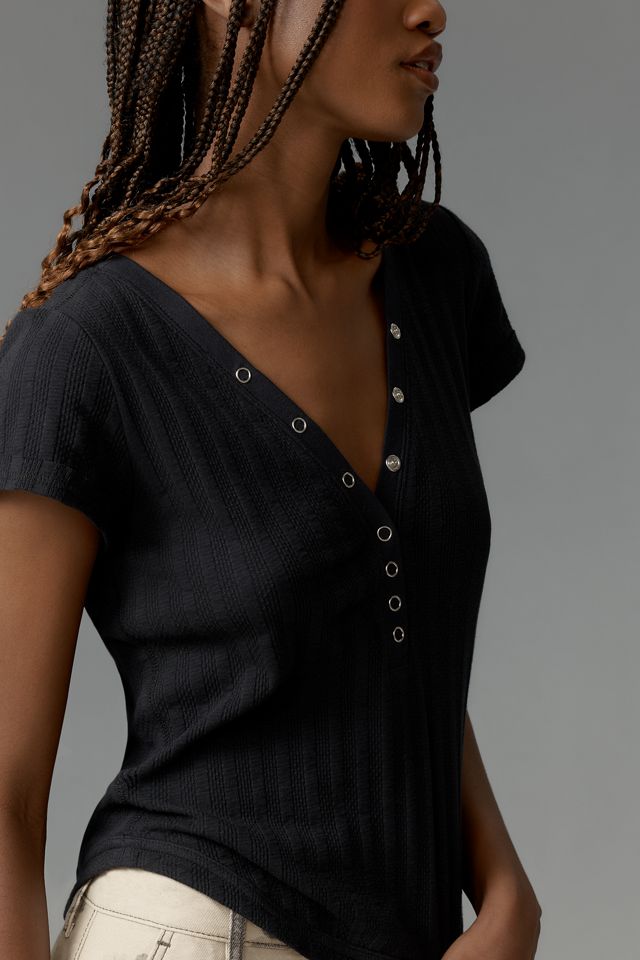 The Andie Scoop-Neck Ribbed Henley Top by Pilcro: Short-Sleeve Snap Edition #3
