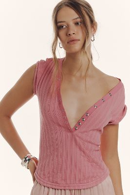 The Andie Scoop-Neck Ribbed Henley Top by Pilcro: Short-Sleeve Snap Edition