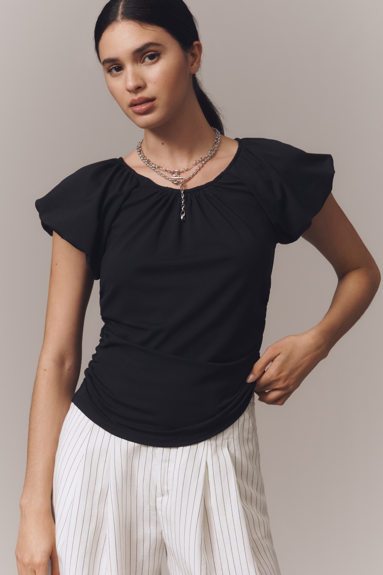 By Anthropologie Ruched Cap-Sleeve Top