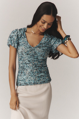 Short-Sleeve Shirred Mesh Top