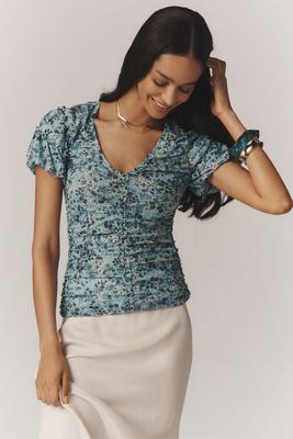 By Anthropologie Short-Sleeve Shirred Mesh Top