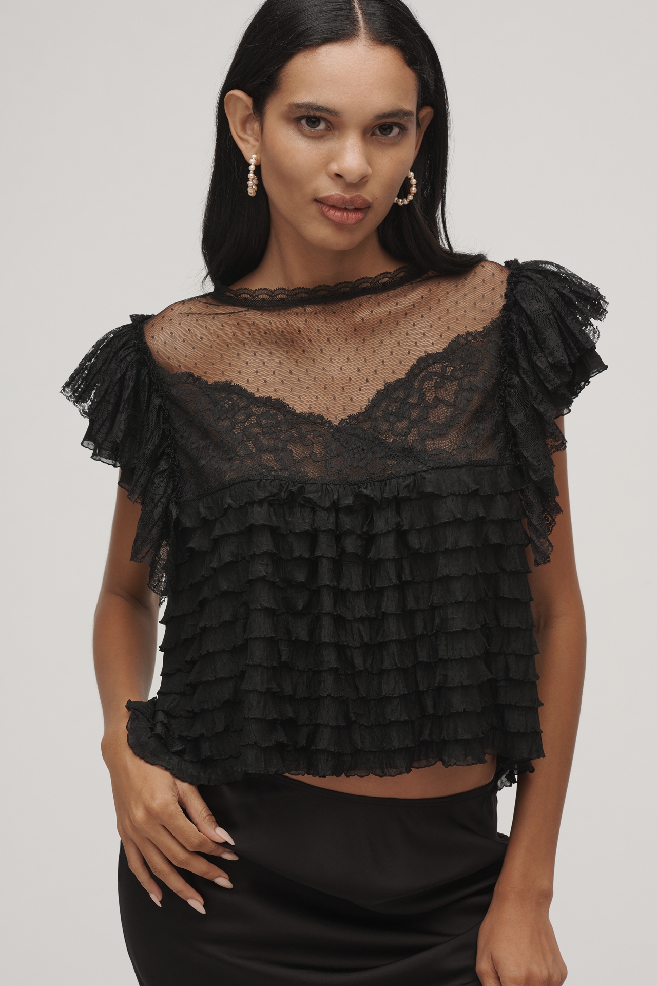 Maeve Sheer Ruffle Lace Blouse