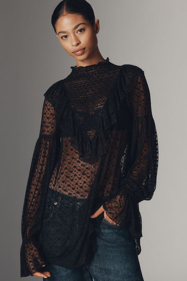 Maeve Long-Sleeve Sheer Mesh Tunic Top #1
