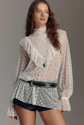 Maeve Long-sleeve Sheer Mesh Tunic Top In White