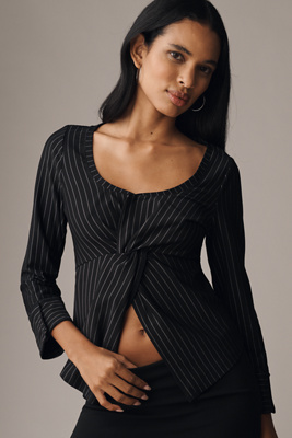 Maeve Twist-front Pinstripe Top In Black