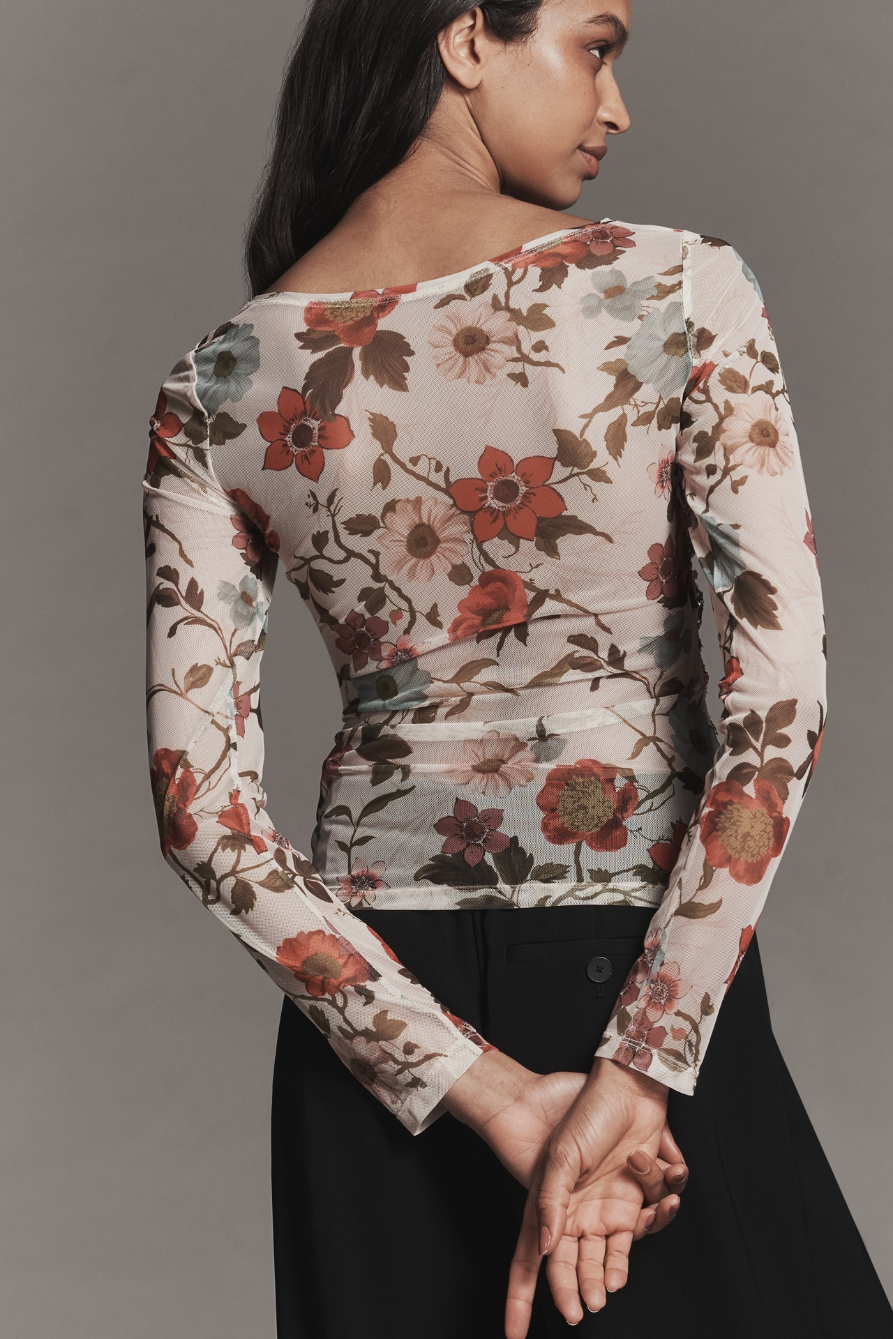 Maeve Printed Mesh Long-Sleeve Top
