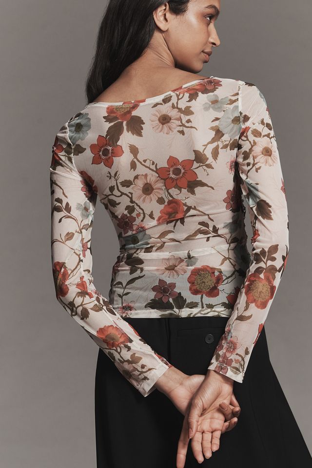 Maeve Printed Mesh Long-Sleeve Top #2