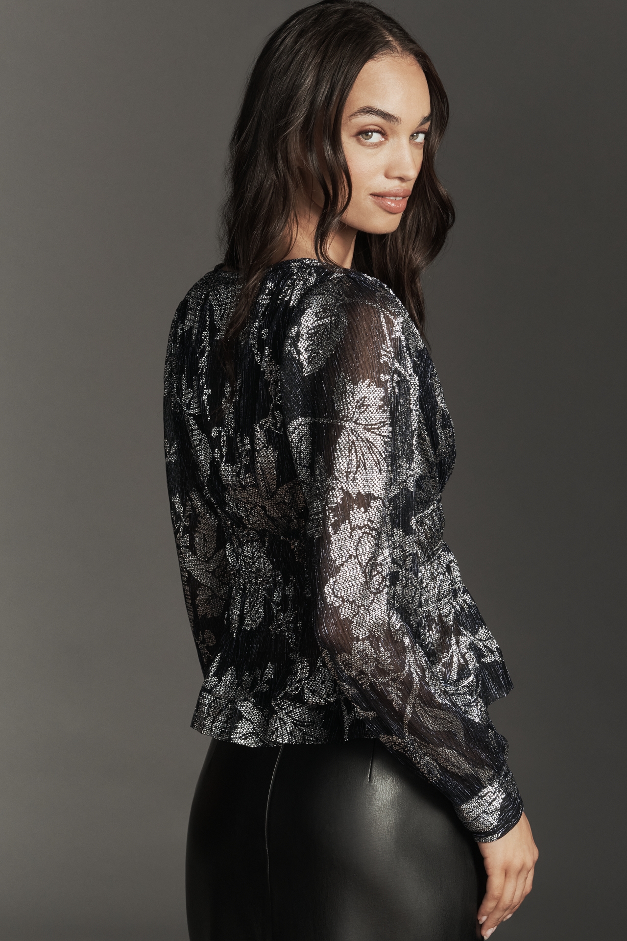 By Anthropologie Metallic Smocked Long-Sleeve Shirt