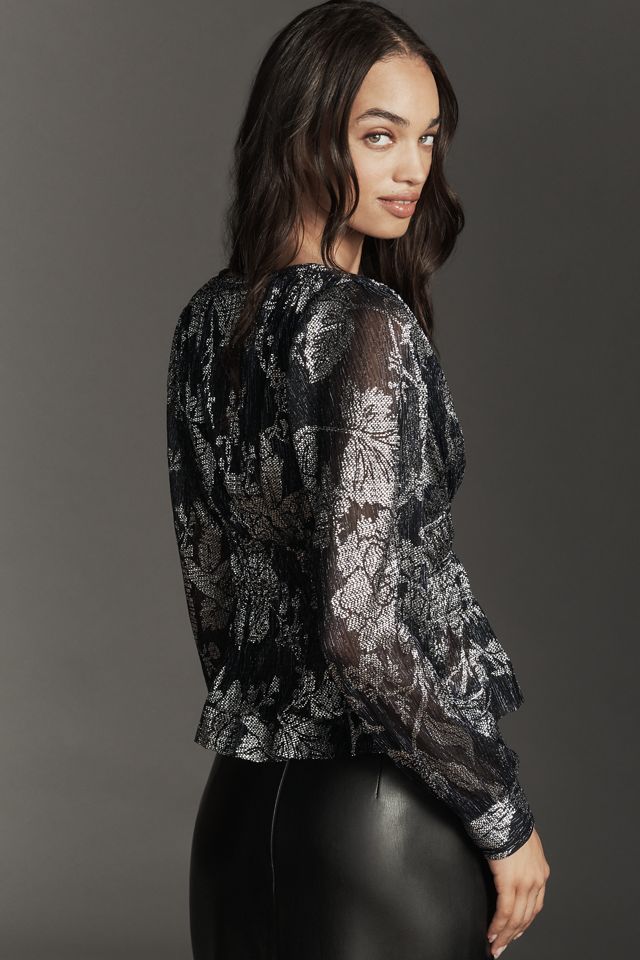By Anthropologie Chemise smockée métallique à manches longues #1