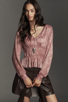 By Anthropologie Metallic Smocked Long-sleeve Shirt In Pink